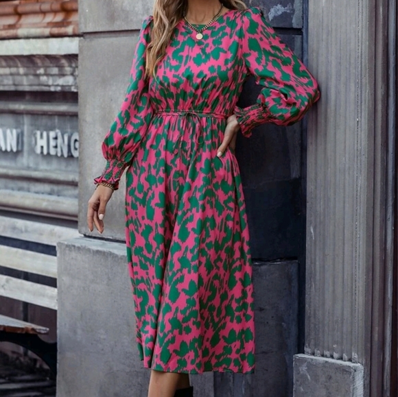 Boho Print Flounce Sleeve Smocked  Ling Sleeve Cuff Belted Dress - Picture 4 of 6